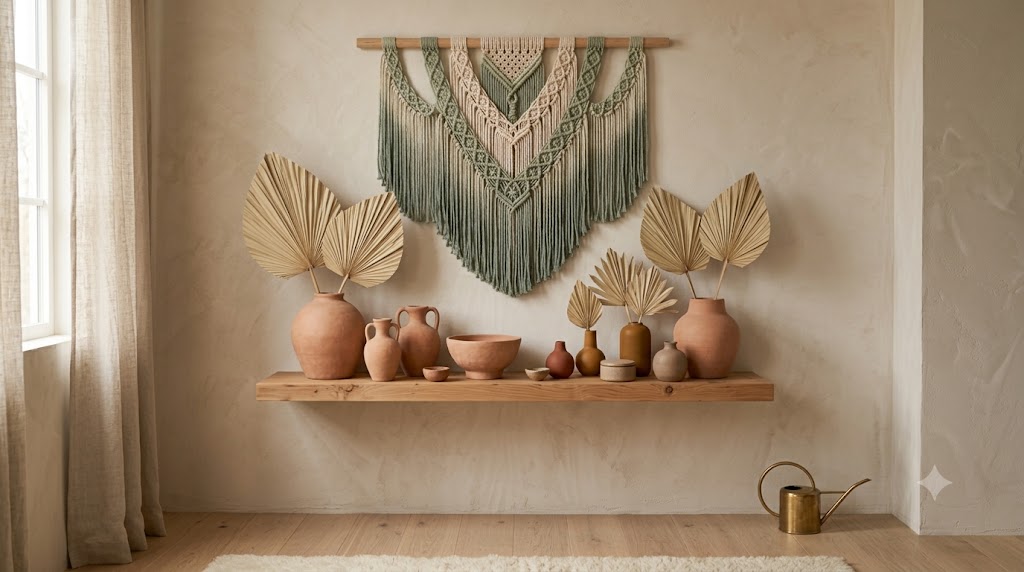 Floating Raw Wood Shelves with Unglazed Clay Pottery